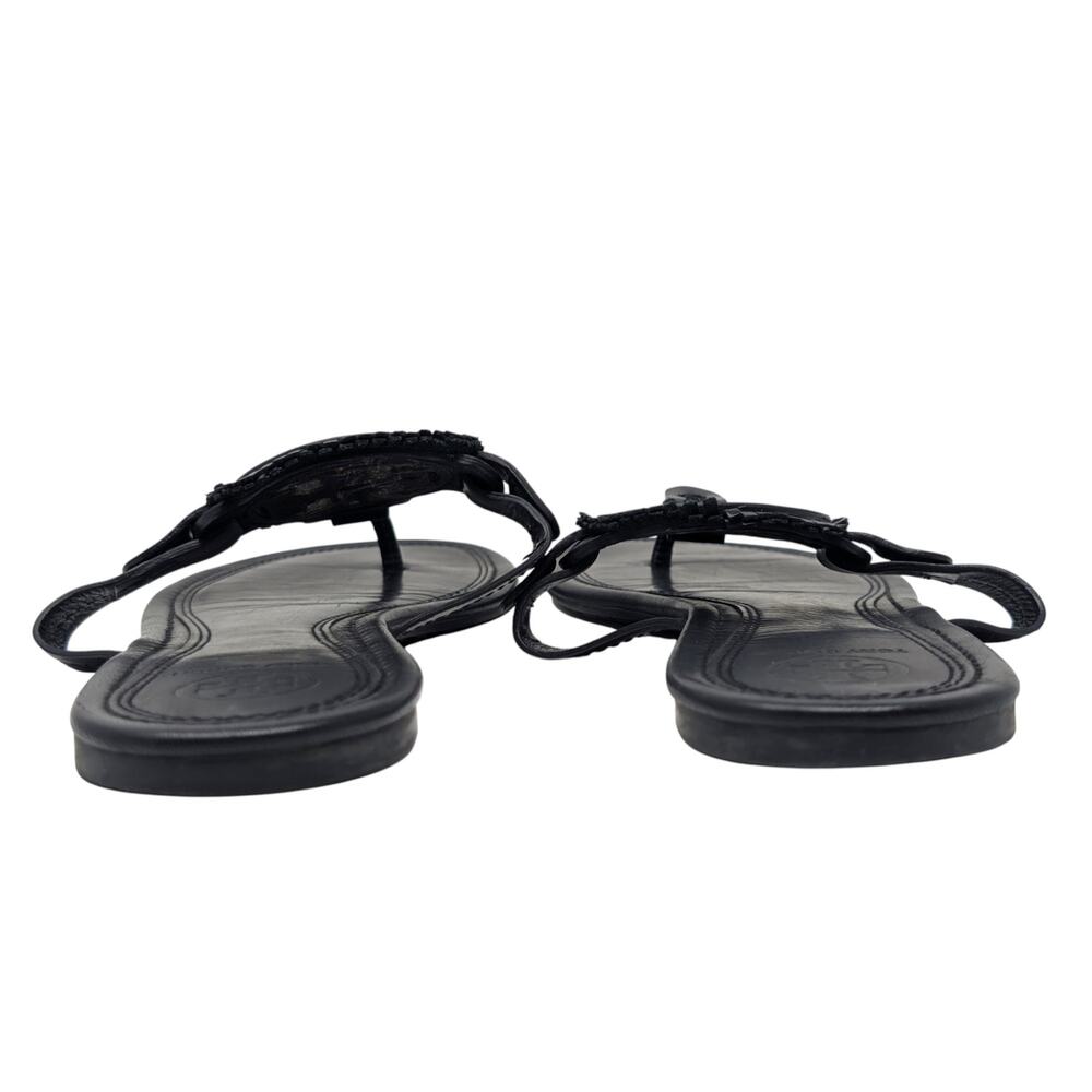 Tory Burch Miller Fringe Sandals‎ Black Size 9 Logo Thong Leather Flat - Picture 4 of 7